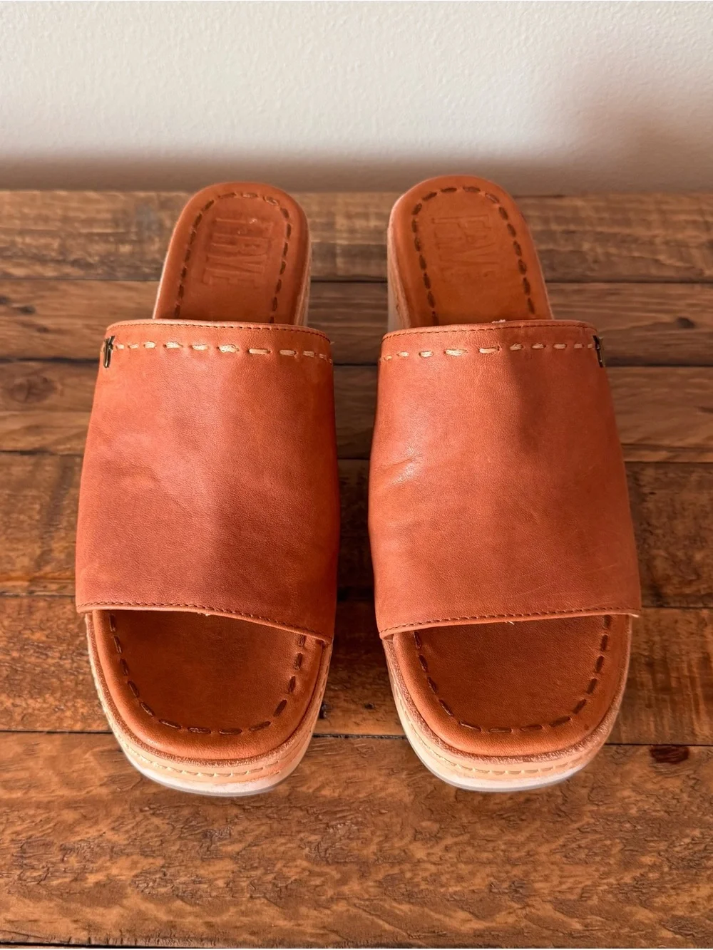 Frye Hazel Cognac Leather Platform Slide Sandals